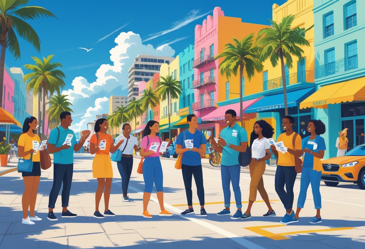 People distributing flyers on a sunny Miami street with colorful buildings and palm trees.