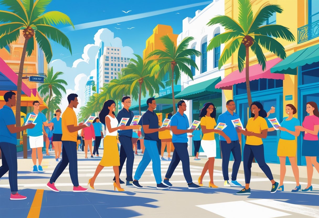 People handing out flyers on a busy street in Miami with palm trees and colorful buildings in the background.