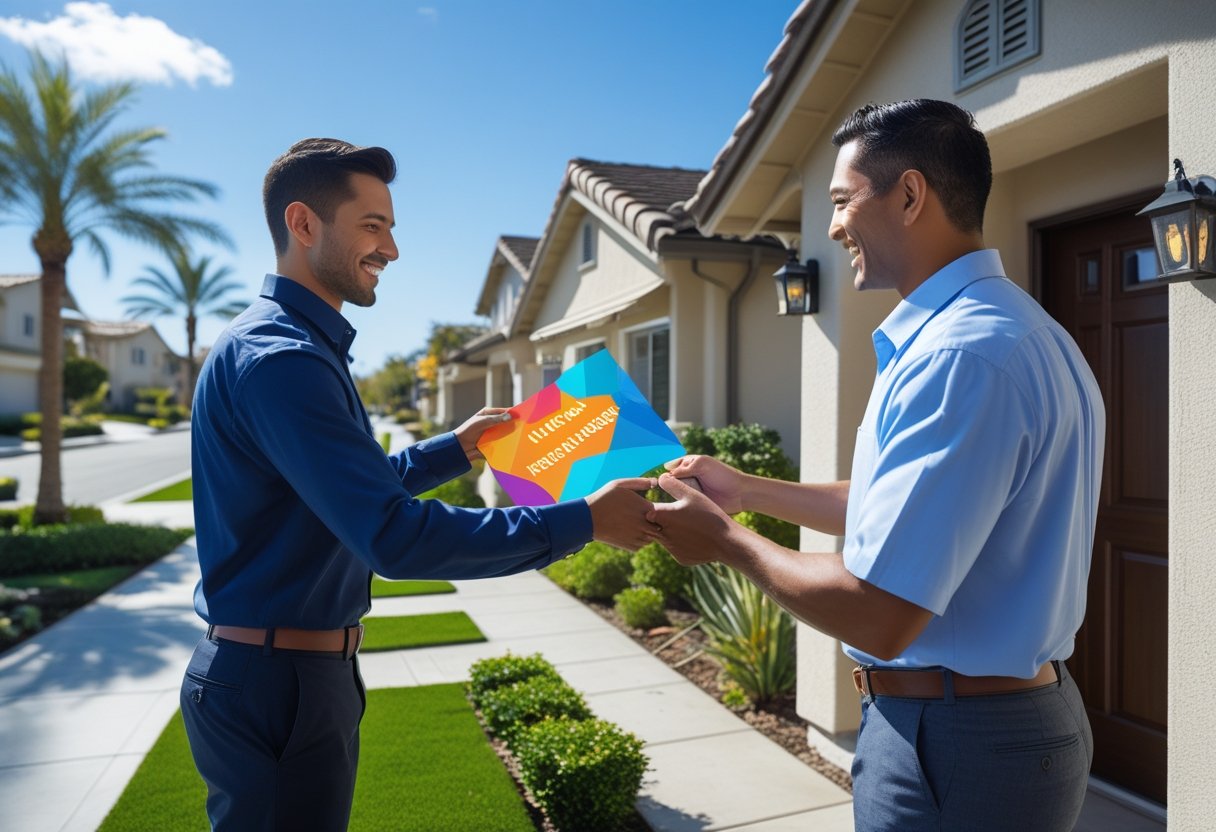 A person handing a colorful door hanger to a homeowner at the front door of a suburban house.