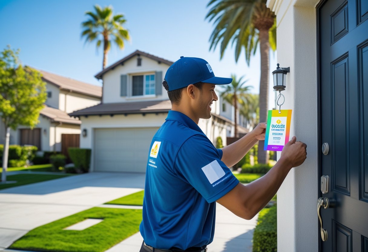 A delivery person placing a door hanger on a front door handle in a sunny residential neighborhood.