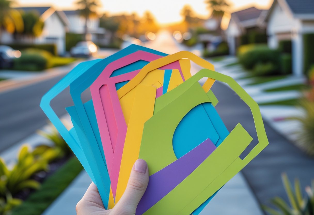 A hand holding colorful die-cut door hangers with a suburban neighborhood street in the background.