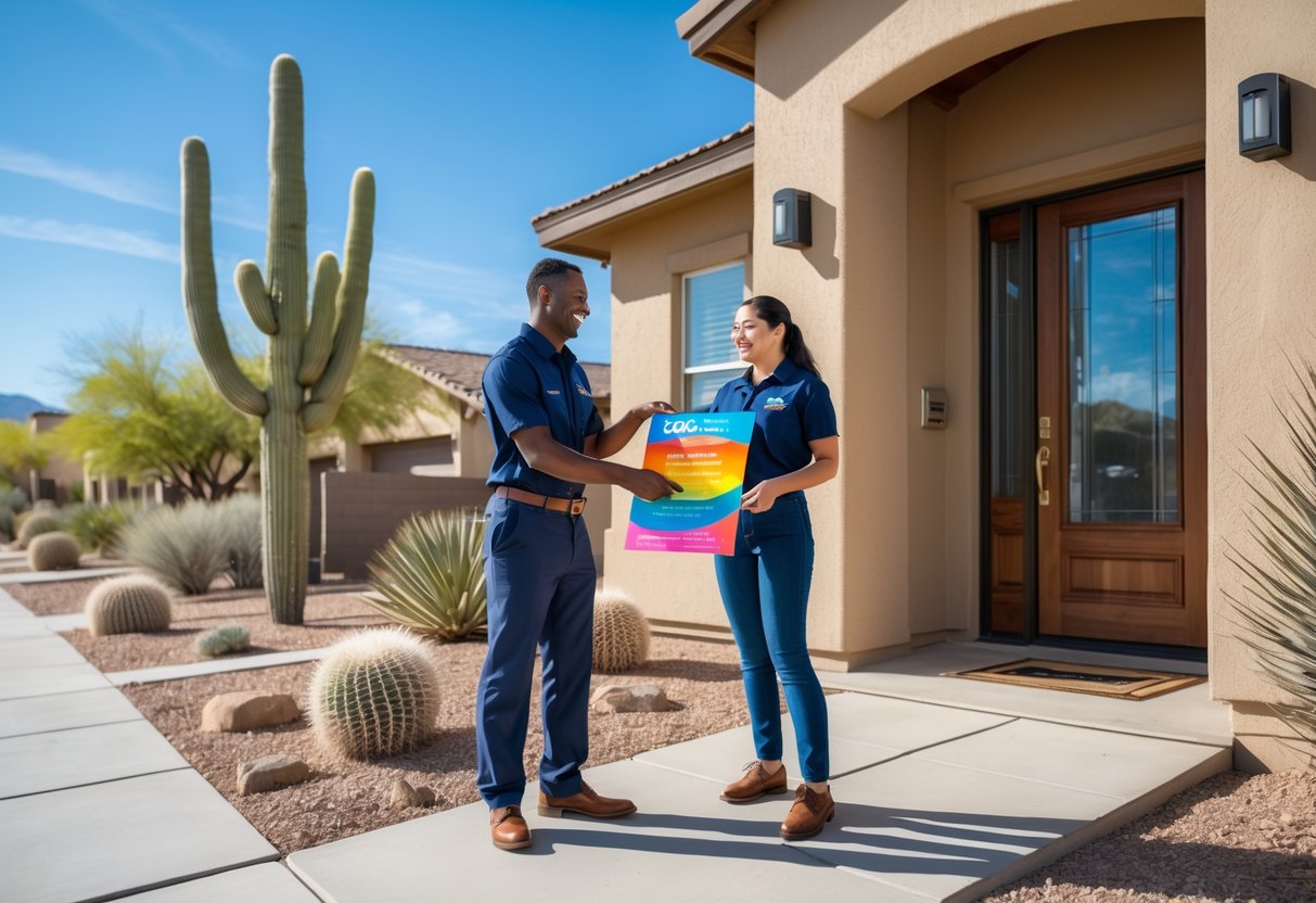 A person handing a door hanger to a homeowner at the front door of a suburban house with desert landscaping.