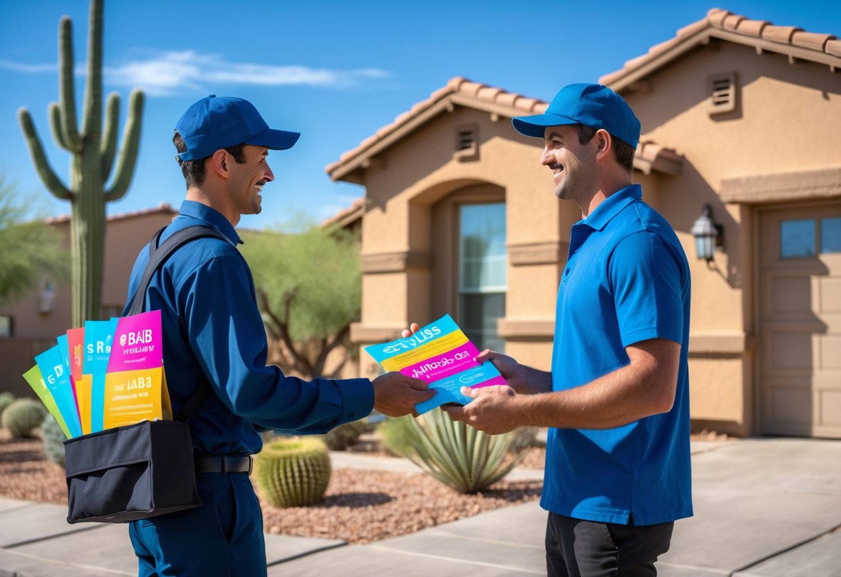 A delivery person handing door hanger flyers to a homeowner at the front door of a southwestern style house with desert plants and blue sky in the background.