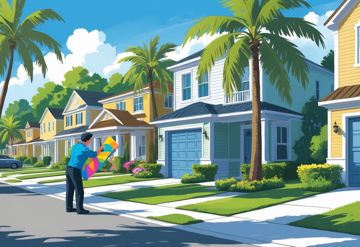 A person placing colorful door hangers on front doors in a sunny residential neighborhood with palm trees.