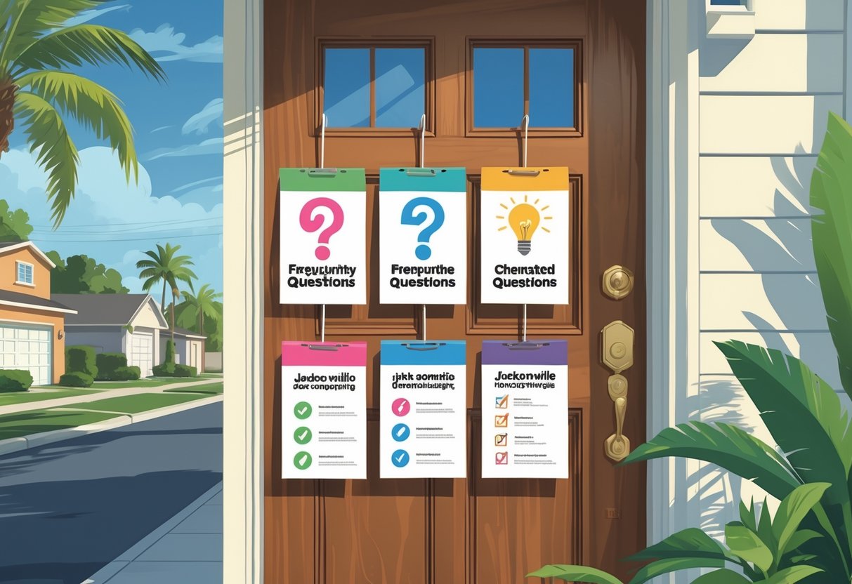 A wooden door with colorful door hangers featuring question marks and icons, set in a sunny suburban neighborhood with palm trees.