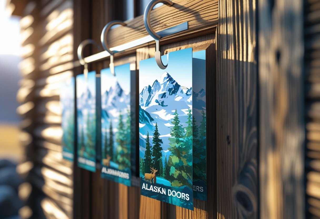 Close-up of colorful door hangers with Alaskan nature designs hanging on a wooden door.