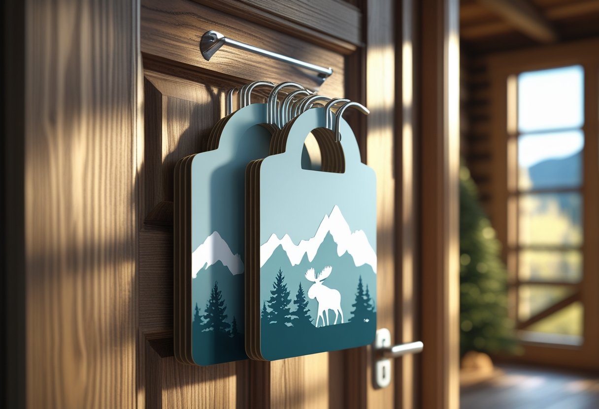 A wooden door with nature-themed door hangers hanging on the handle inside a cozy rustic room.