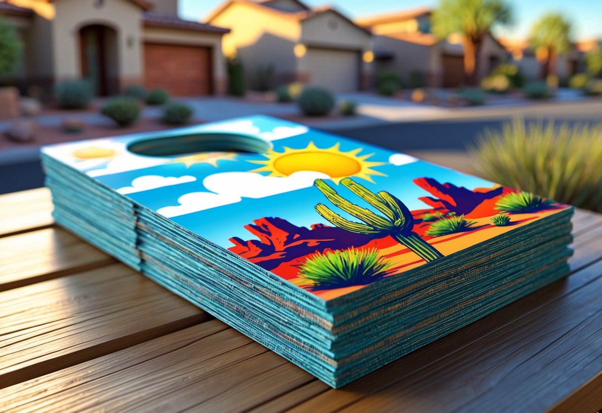 A stack of colorful door hangers with Arizona desert-themed designs on a wooden table, with a blurred suburban neighborhood in the background.