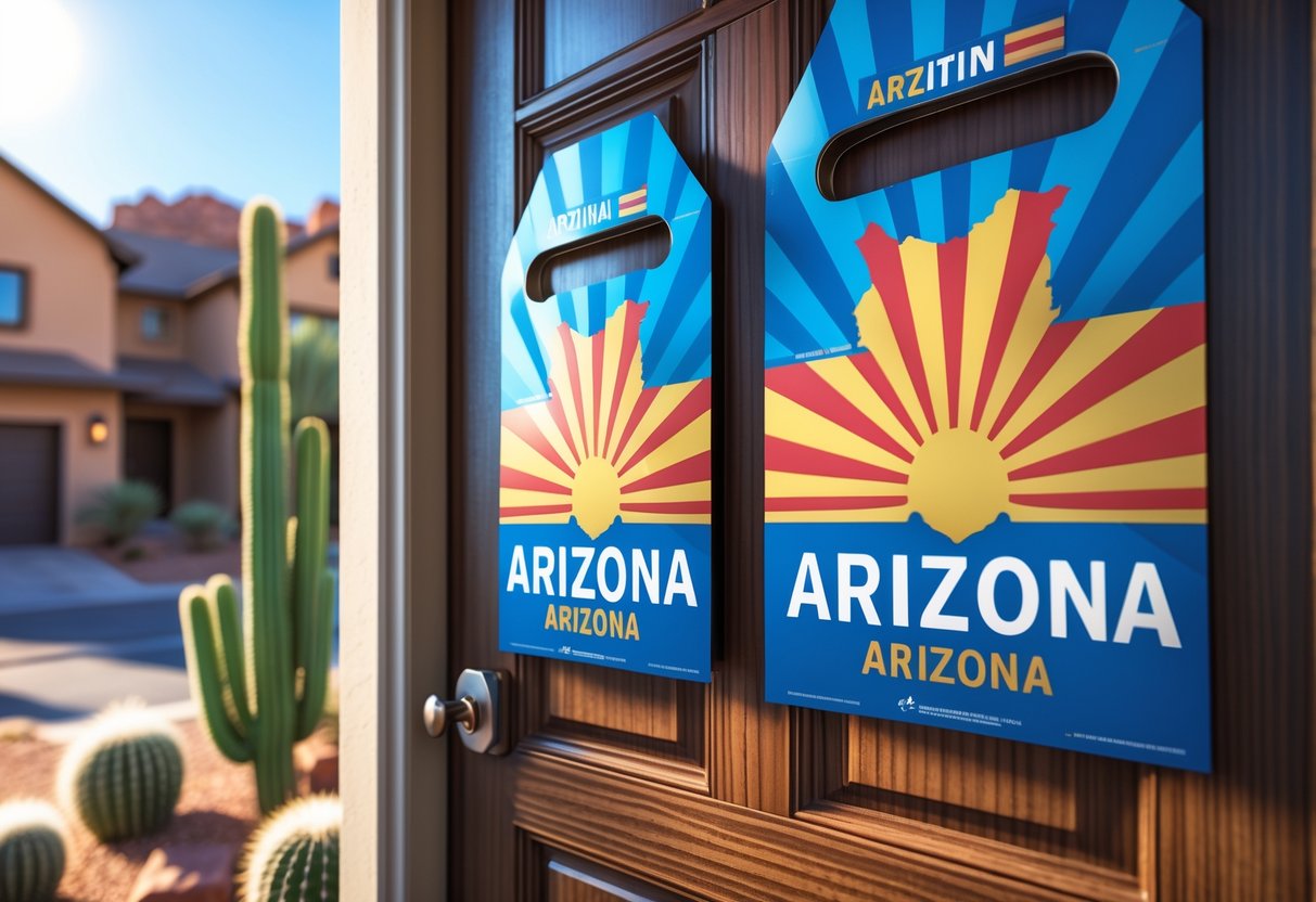 A front door in an Arizona neighborhood with colorful door hangers hanging on it, surrounded by desert plants and red rock formations in the background.