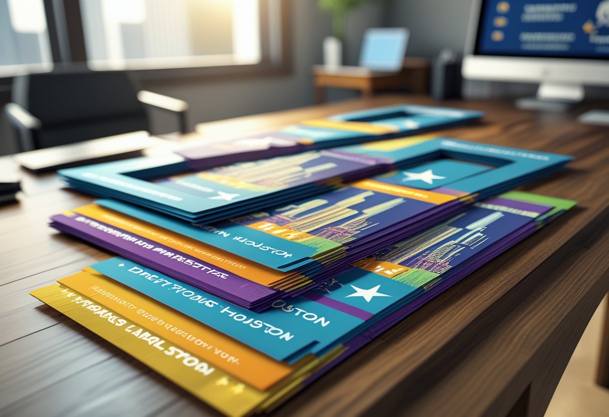 A stack of colorful door hangers with Houston-themed designs placed on a wooden table in an office setting.