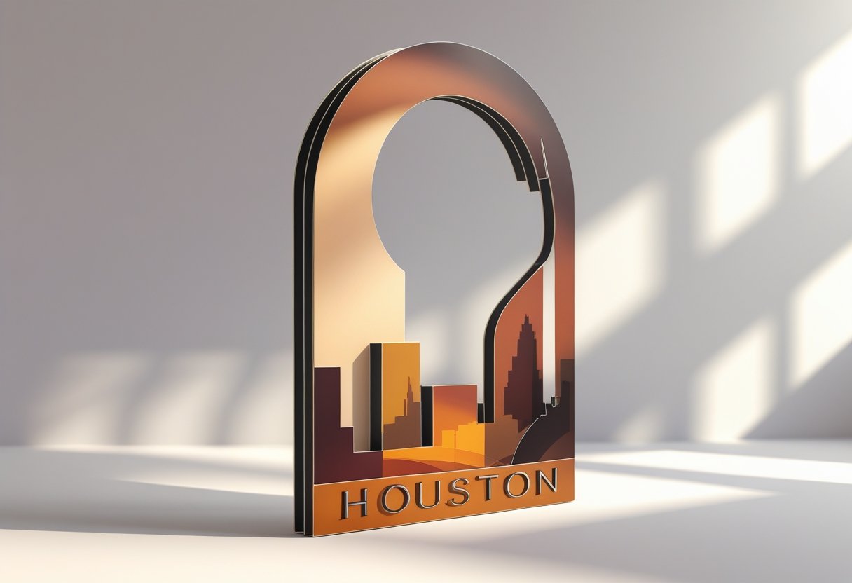 A 3D rendered image of a die-cut door hanger with a custom shape and Houston skyline elements, shown on a neutral background.