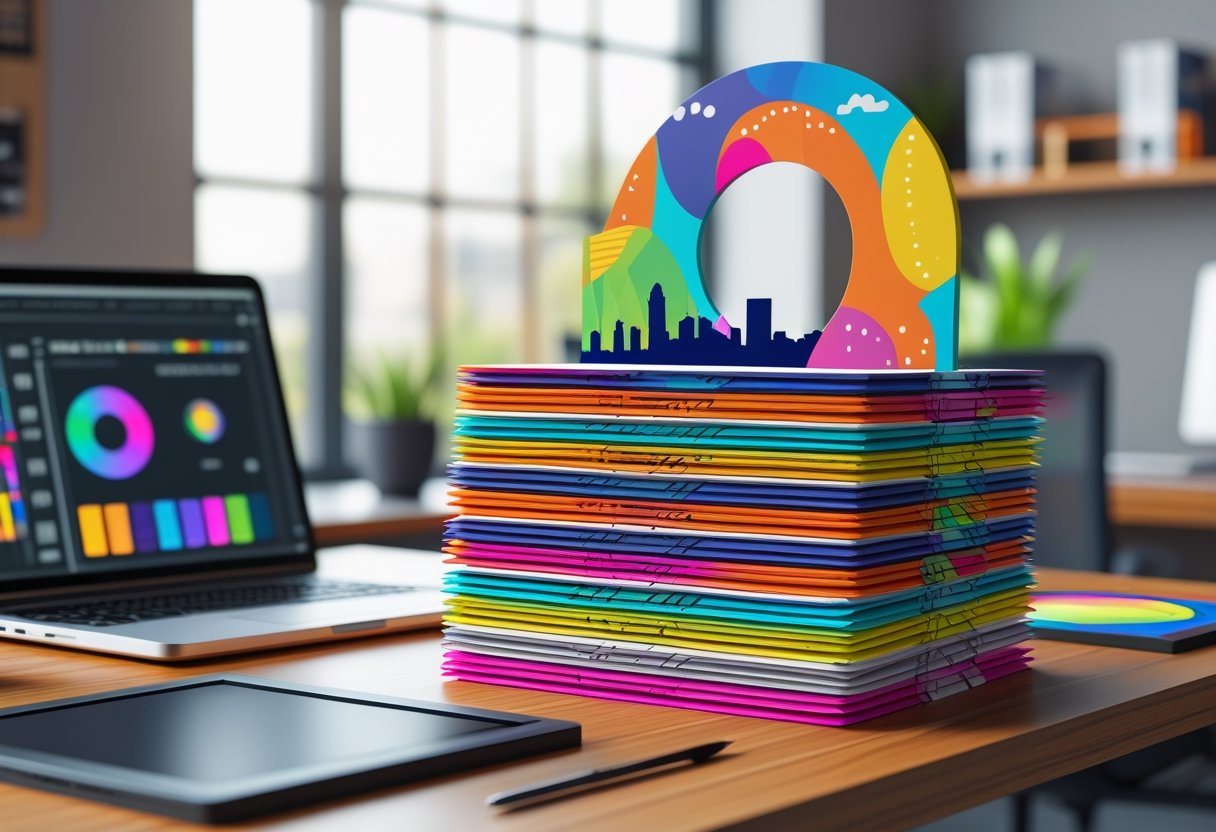 A stack of colorful door hangers on a wooden table in a modern office with design tools and a window in the background.