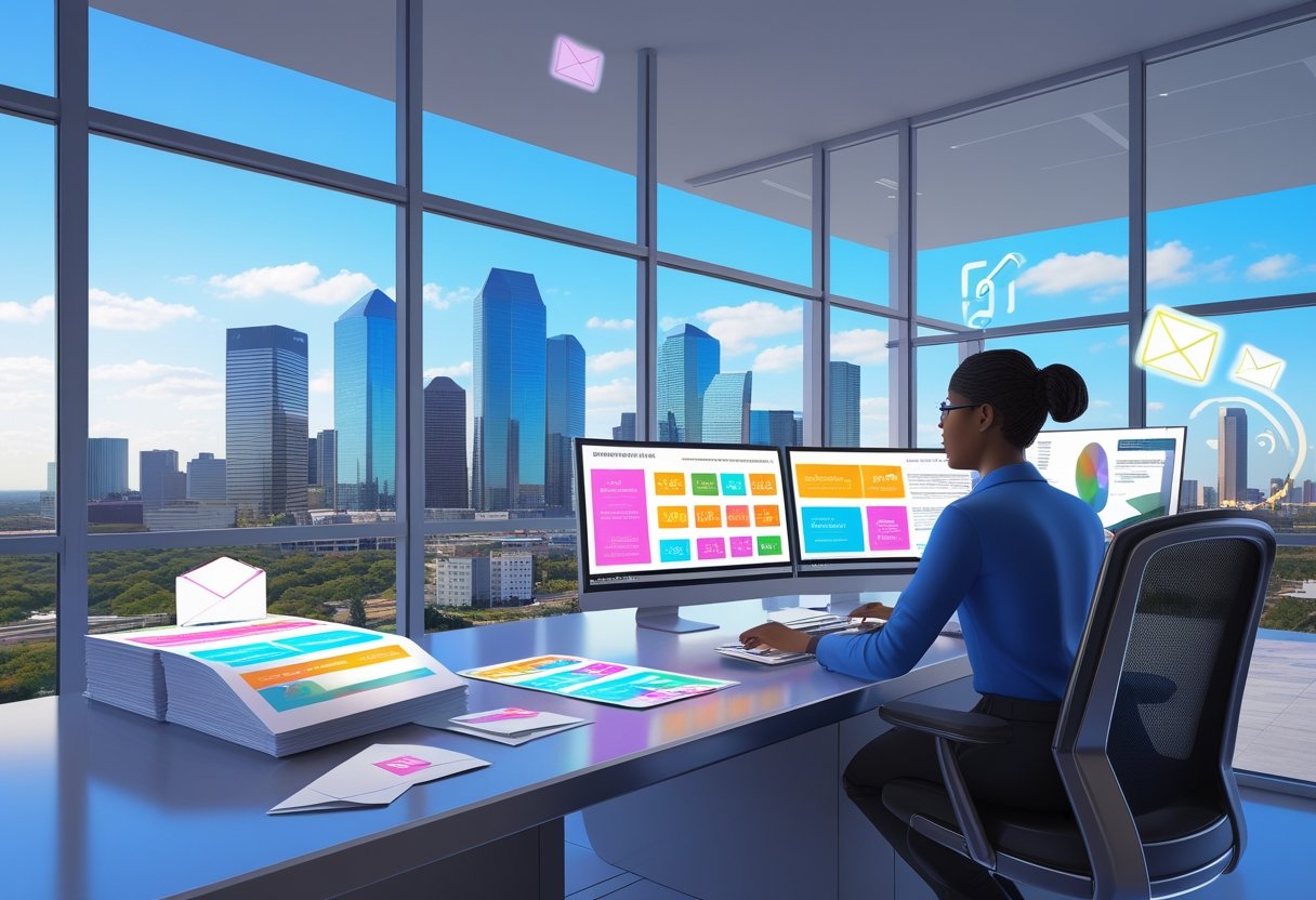 A person designing flyers at a desk with a view of the Houston skyline through large windows.