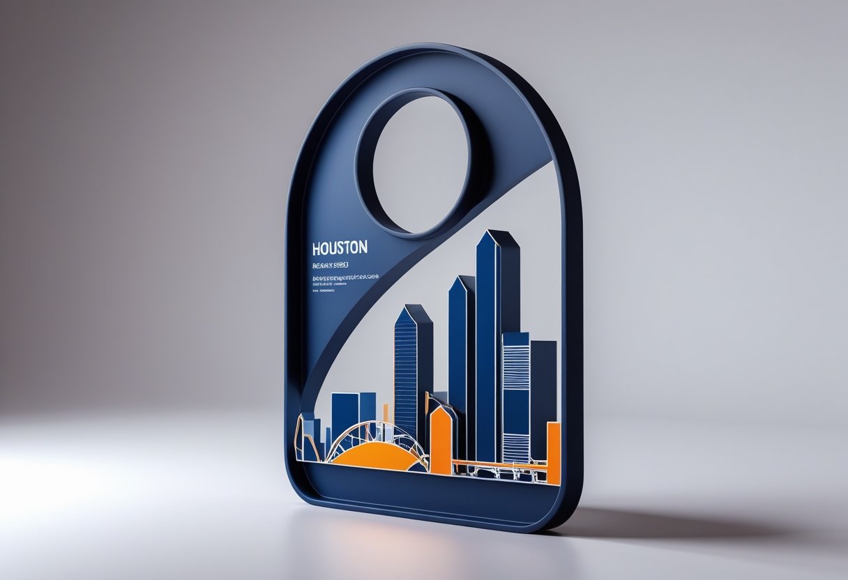 A 3D rendered die-cut door hanger with a Houston cityscape design and vibrant colors, shown against a neutral background.