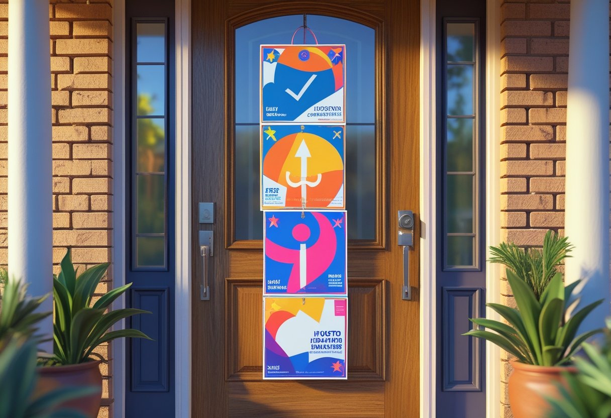 A residential front door with multiple colorful political campaign door hangers hanging on the door handle in a suburban Houston neighborhood.