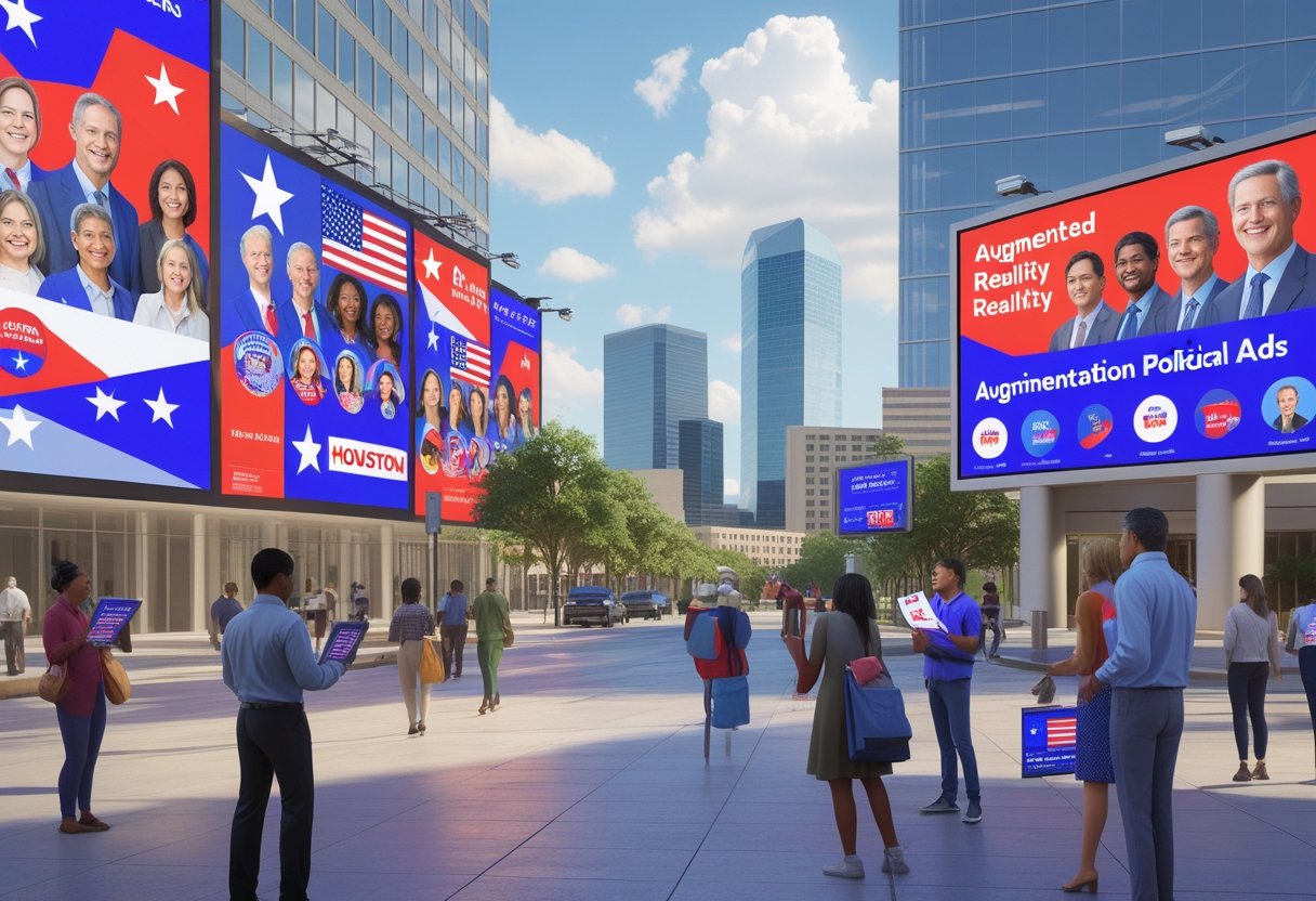 A busy Houston city street with digital political campaign billboards and diverse people engaging with ads, with the Houston skyline visible in the background.