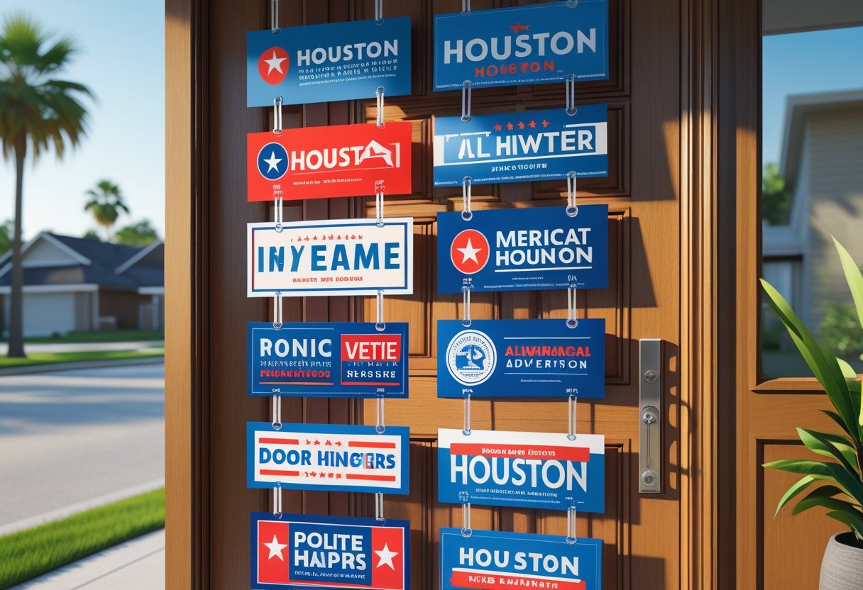 A wooden front door in a suburban Houston neighborhood with colorful political door hangers hanging on it, surrounded by palm trees and houses.
