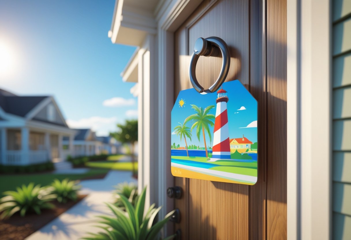 Close-up of a front door in a Jacksonville neighborhood with a colorful door hanger on the handle, surrounded by plants and houses under a clear sky.
