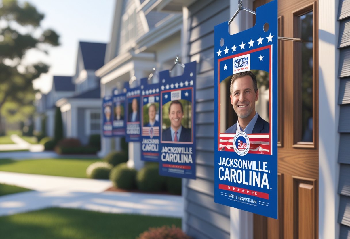 A suburban neighborhood with several residential front doors displaying colorful political door hangers hanging on the doorknobs.