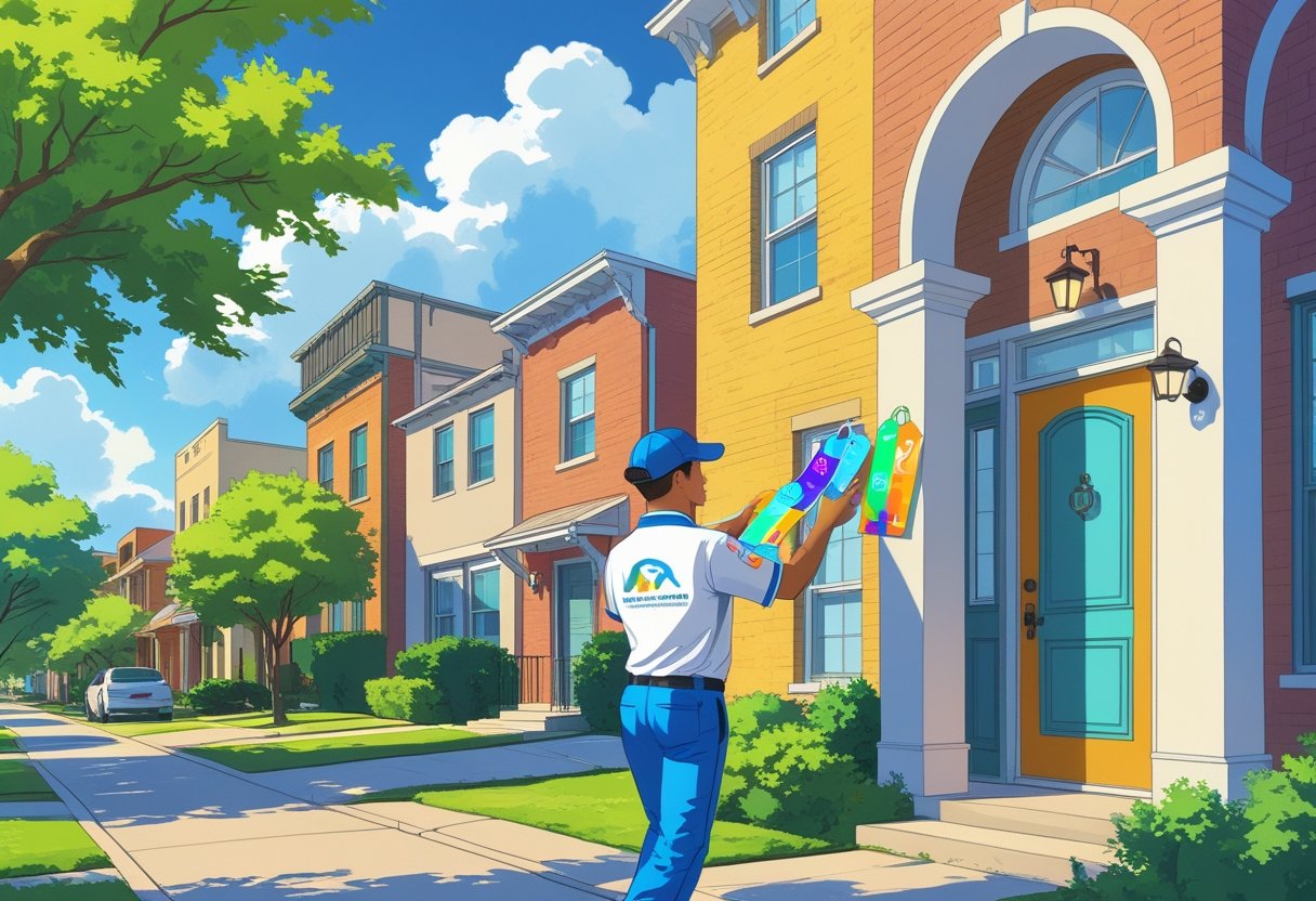 A delivery person placing colorful door hangers on doors in a sunny Austin neighborhood with houses and trees.