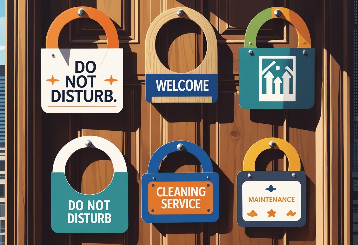 A variety of door hangers displayed on a wooden door, each with different shapes and colors representing various uses, with a subtle Austin city skyline in the background.