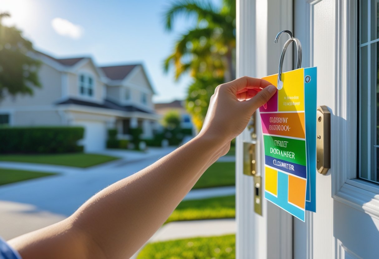 A hand placing a colorful door hanger on a front door in a sunny suburban neighborhood.