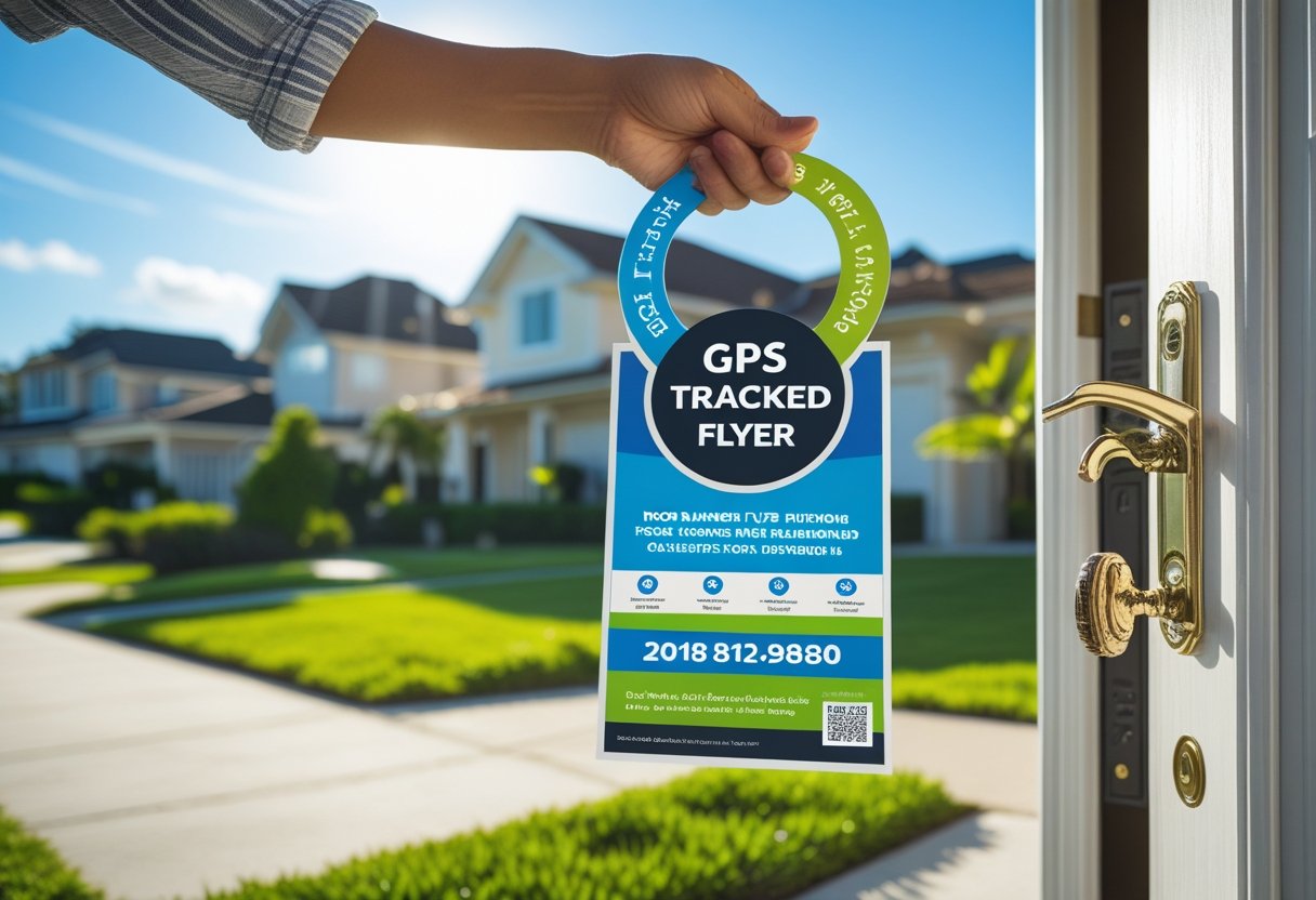 Hand holding a door hanger flyer on a front door handle in a sunny suburban neighborhood.
