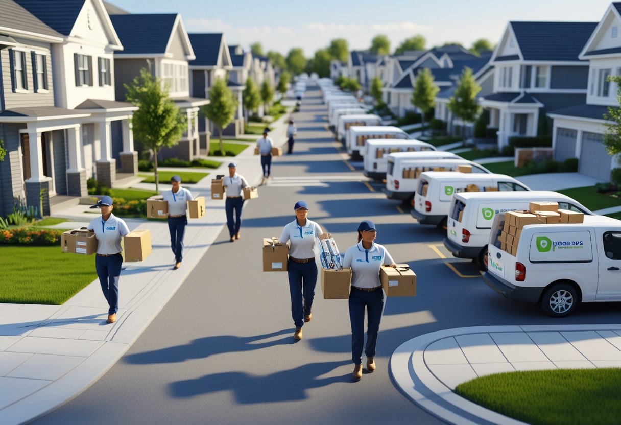A neighborhood street with delivery workers carrying packages to houses and delivery vans parked nearby.