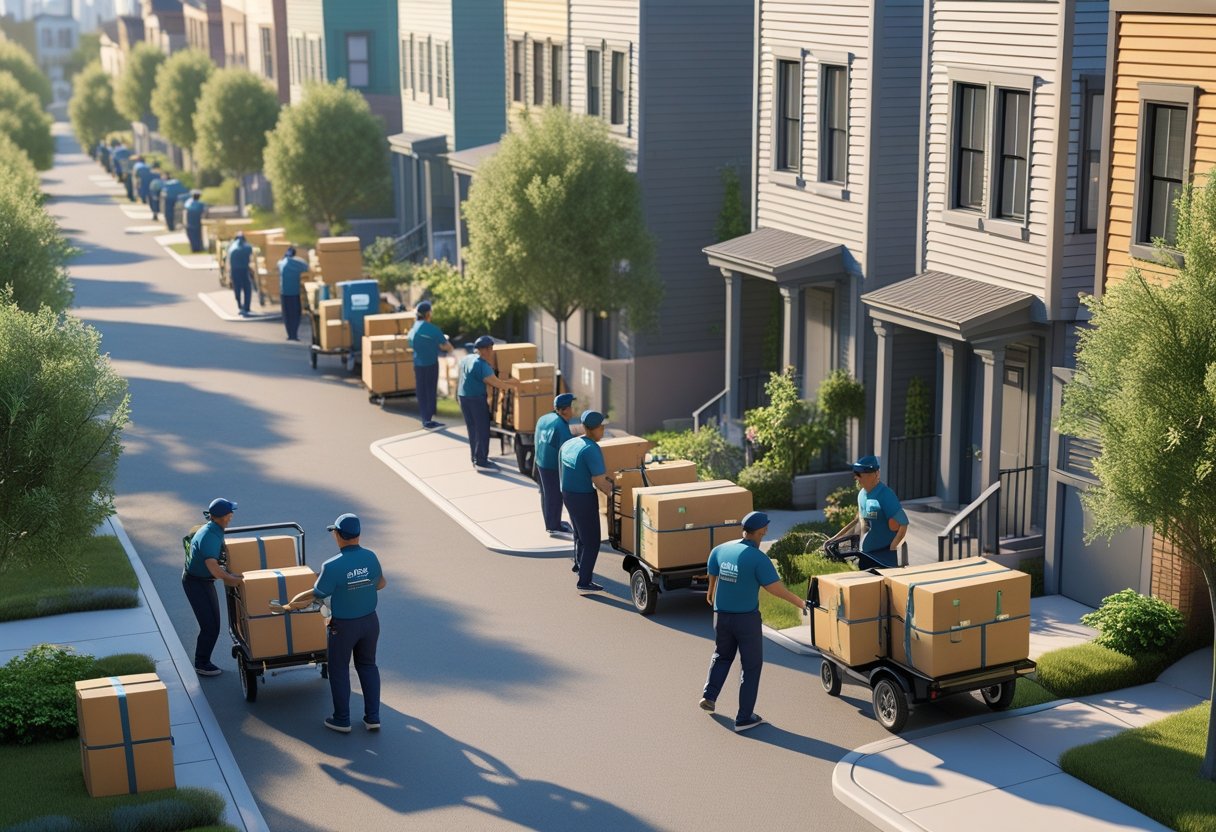 A street with delivery workers handing packages to residents at their front doors and loading goods into delivery vans.