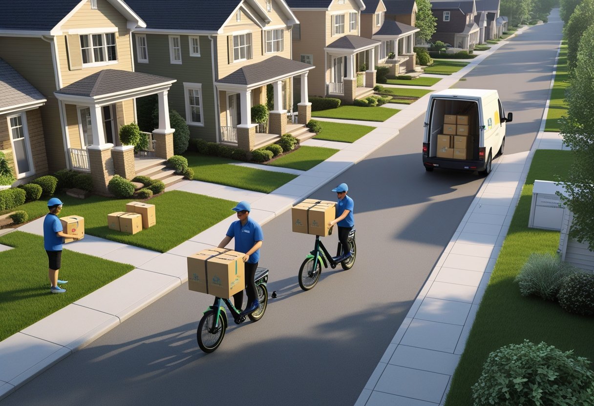 A neighborhood with delivery workers handing packages to residents at their doors, placing parcels in mailboxes, and unloading a delivery van on the street.