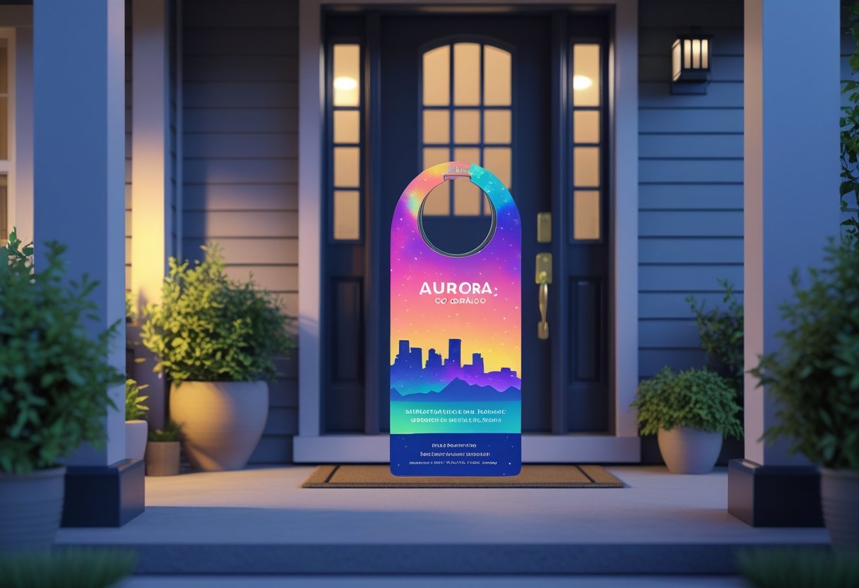 A front door of a suburban house with a colorful door hanger hanging on the handle, surrounded by a porch with plants and soft lighting.