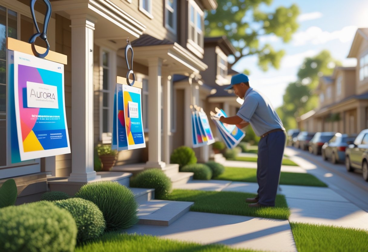 A person placing colorful flyers on door hangers outside homes in a sunny suburban neighborhood.