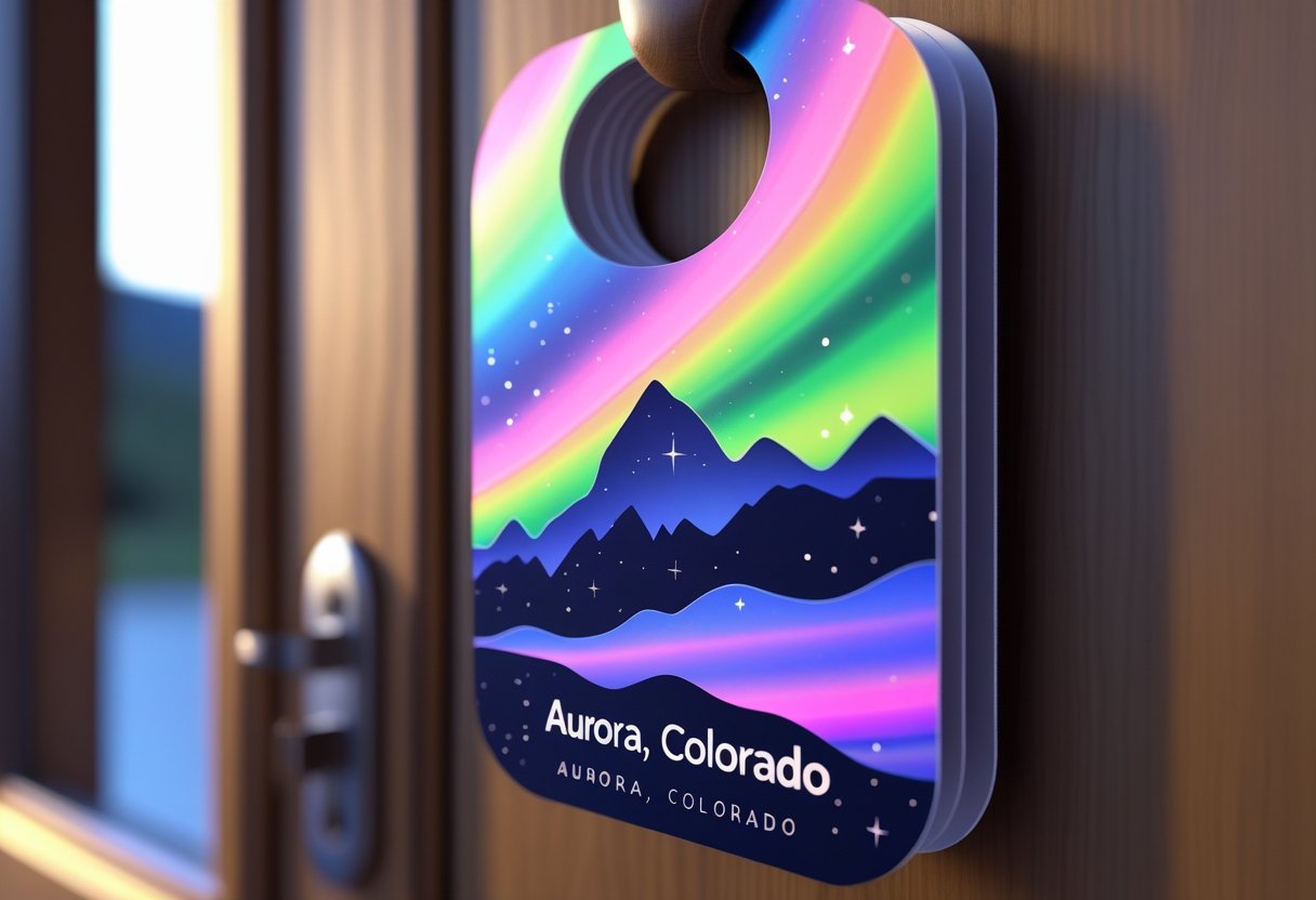 A 3D rendered die-cut door hanger with colorful aurora-inspired gradients and mountain silhouettes hanging on a wooden door handle.