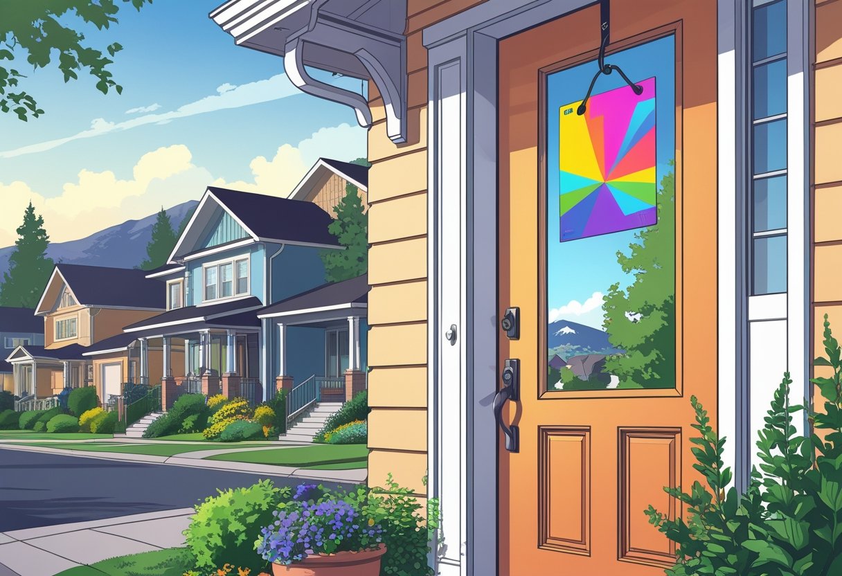 A front door in a residential neighborhood with a colorful door hanger on the handle and plants nearby, with houses and trees in the background.