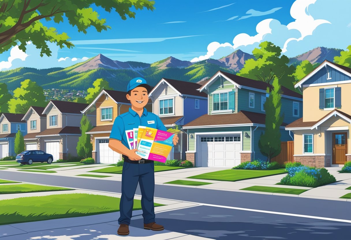 A delivery person holding colorful flyers and door hangers in a sunny suburban neighborhood with mountains in the background.