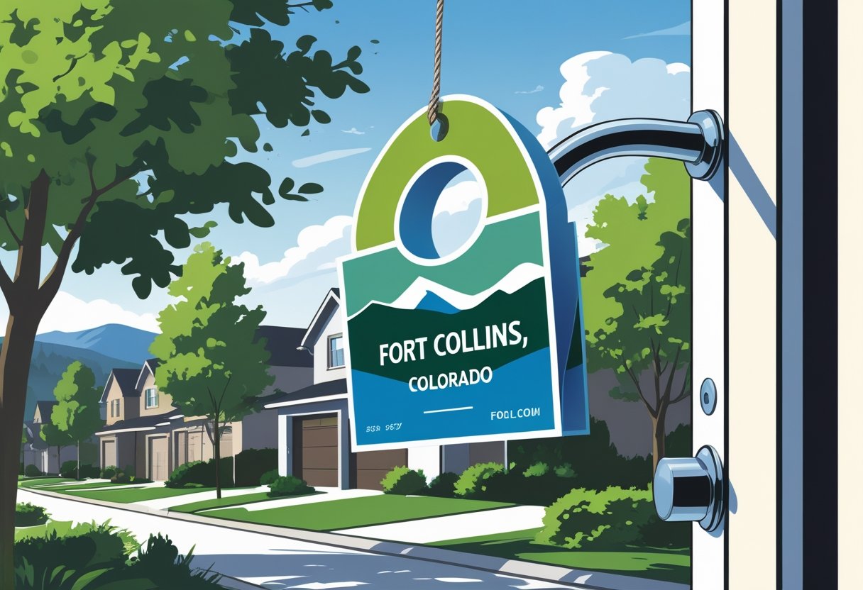 A die-cut door hanger hanging on a residential door handle with trees, mountains, and a clear sky in the background.