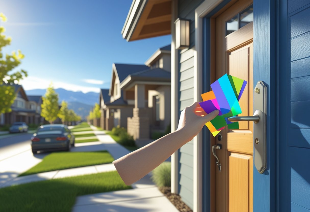 A hand placing colorful door hangers on a front door handle in a residential neighborhood with houses and trees under a clear sky.