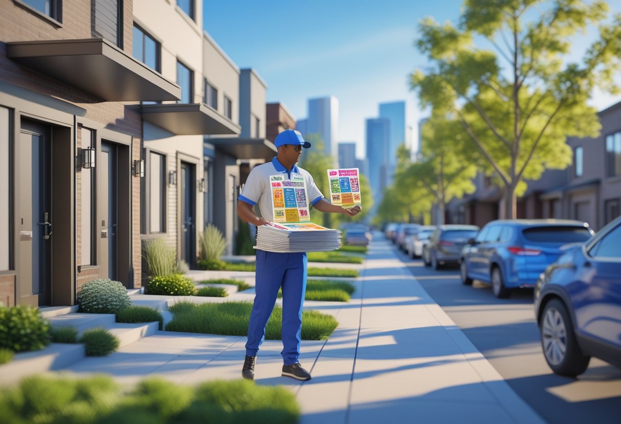 A delivery person placing colorful door hangers on front doors in a Denver neighborhood with houses, trees, and the city skyline in the background.