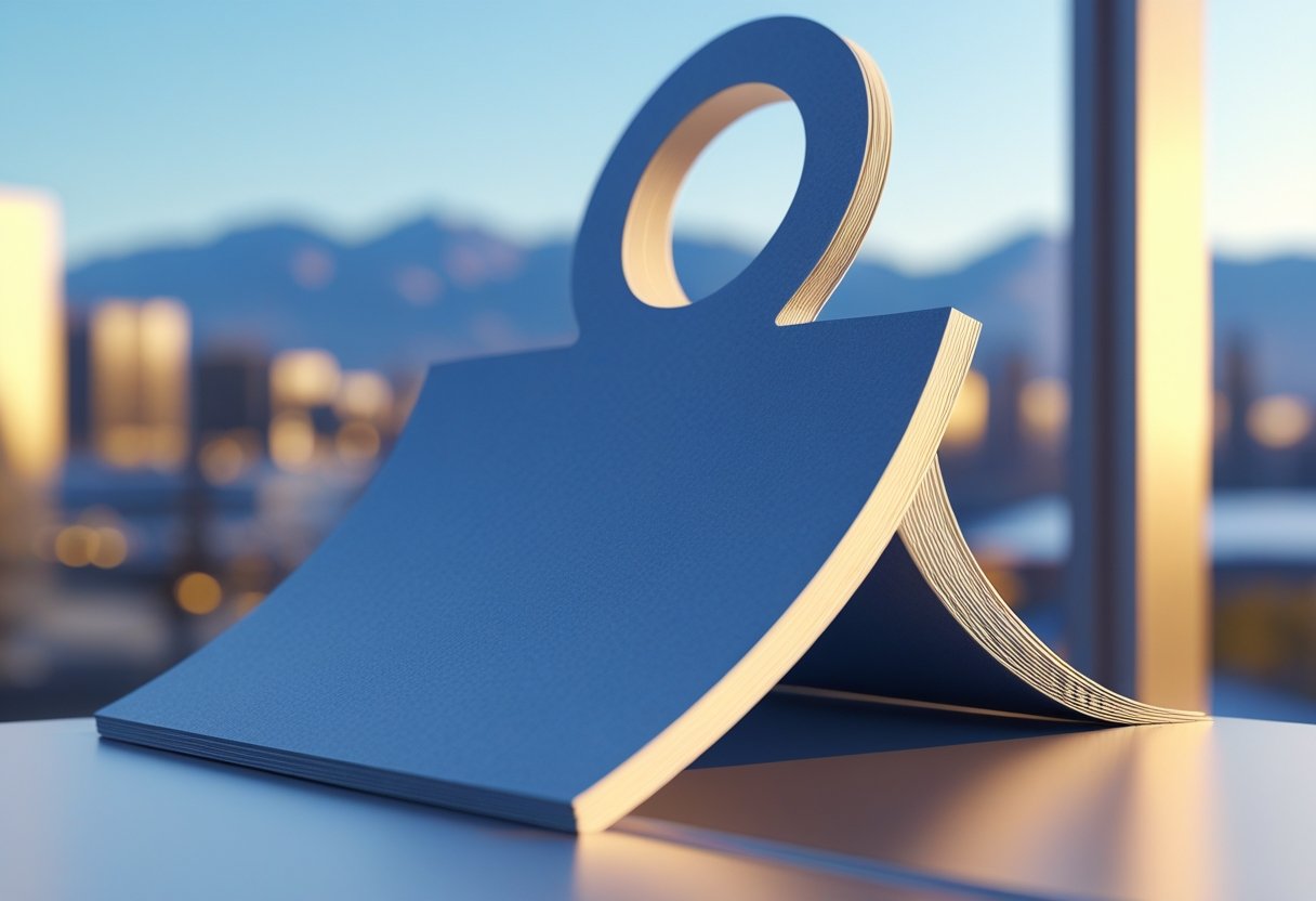 A 3D rendered die-cut door hanger displayed in front of a blurred Denver street scene with mountains in the background.