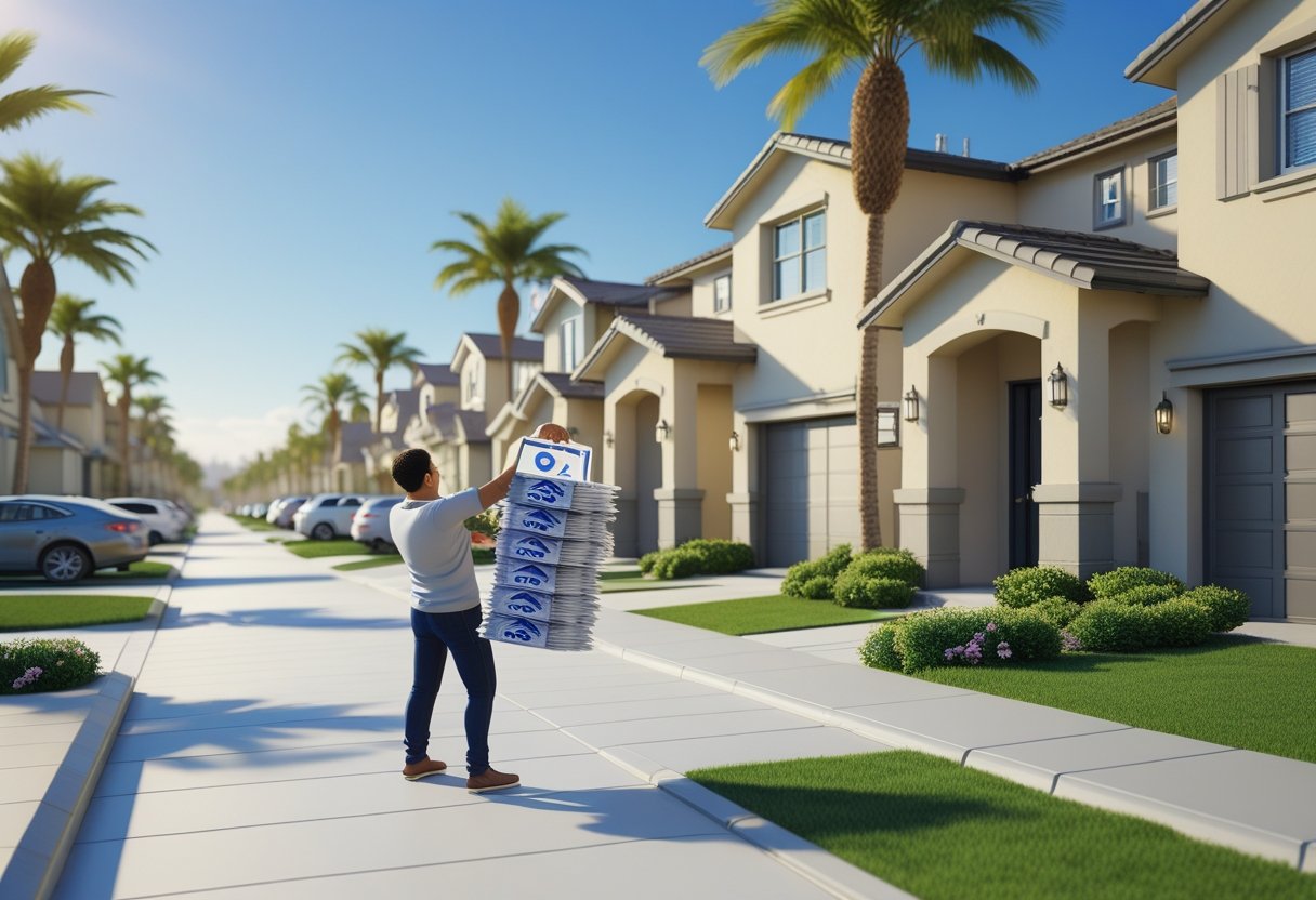 A person placing door hangers on front doors in a sunny suburban neighborhood with houses and palm trees.