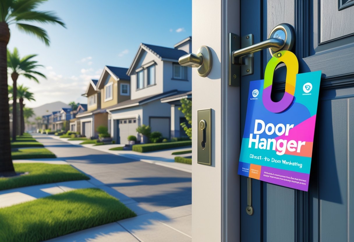 A neighborhood street with houses and palm trees, showing colorful door hangers on several front doors.
