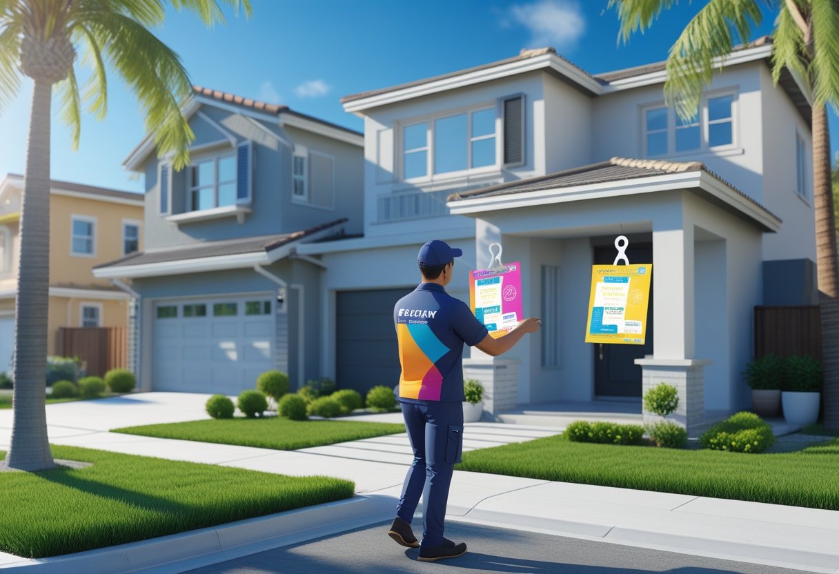A delivery person placing a flyer door hanger on a residential front door in a sunny suburban neighborhood.
