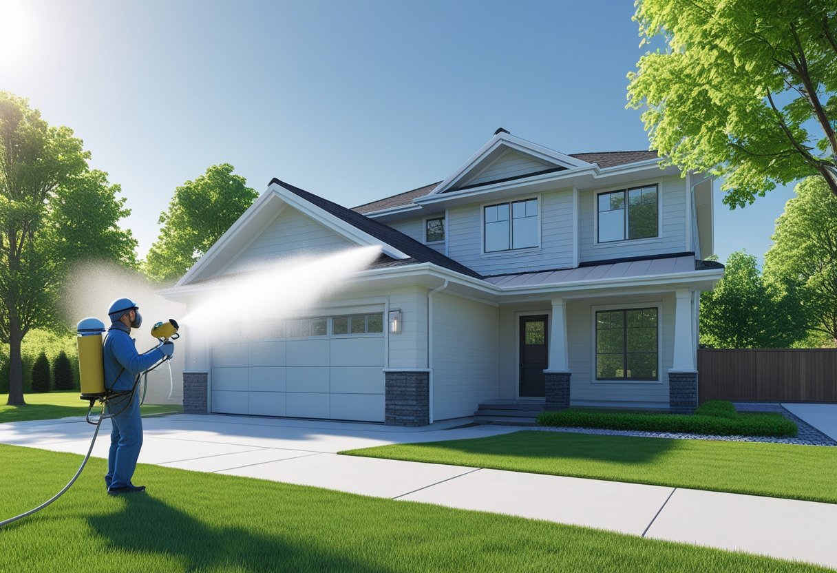 A technician applying a fresh spray coating to the exterior of a modern suburban house surrounded by trees and lawn.