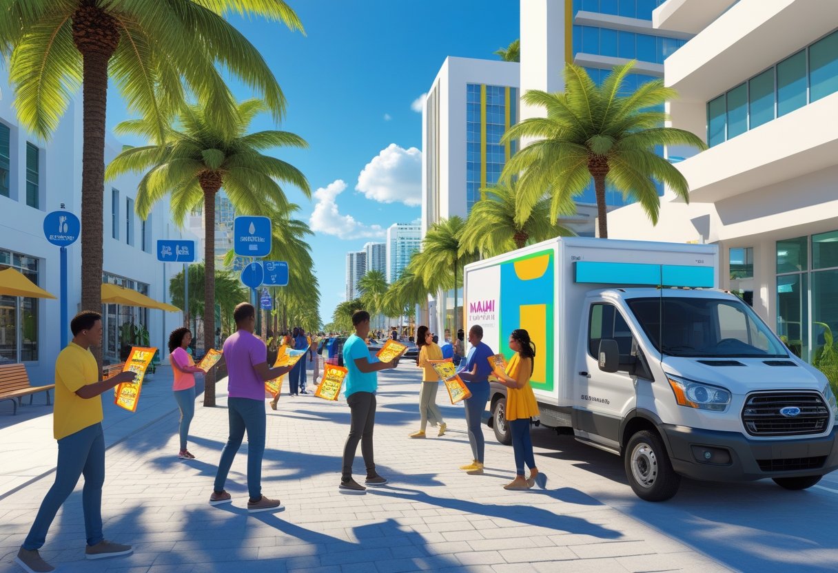 A busy Miami street with people handing out flyers near palm trees and a printing van under a clear blue sky.