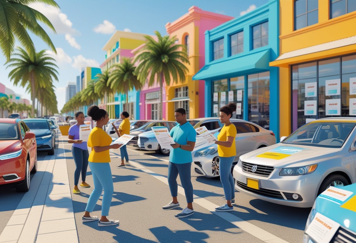 People handing out flyers on a sunny Miami street with palm trees and colorful buildings, near a printing shop.