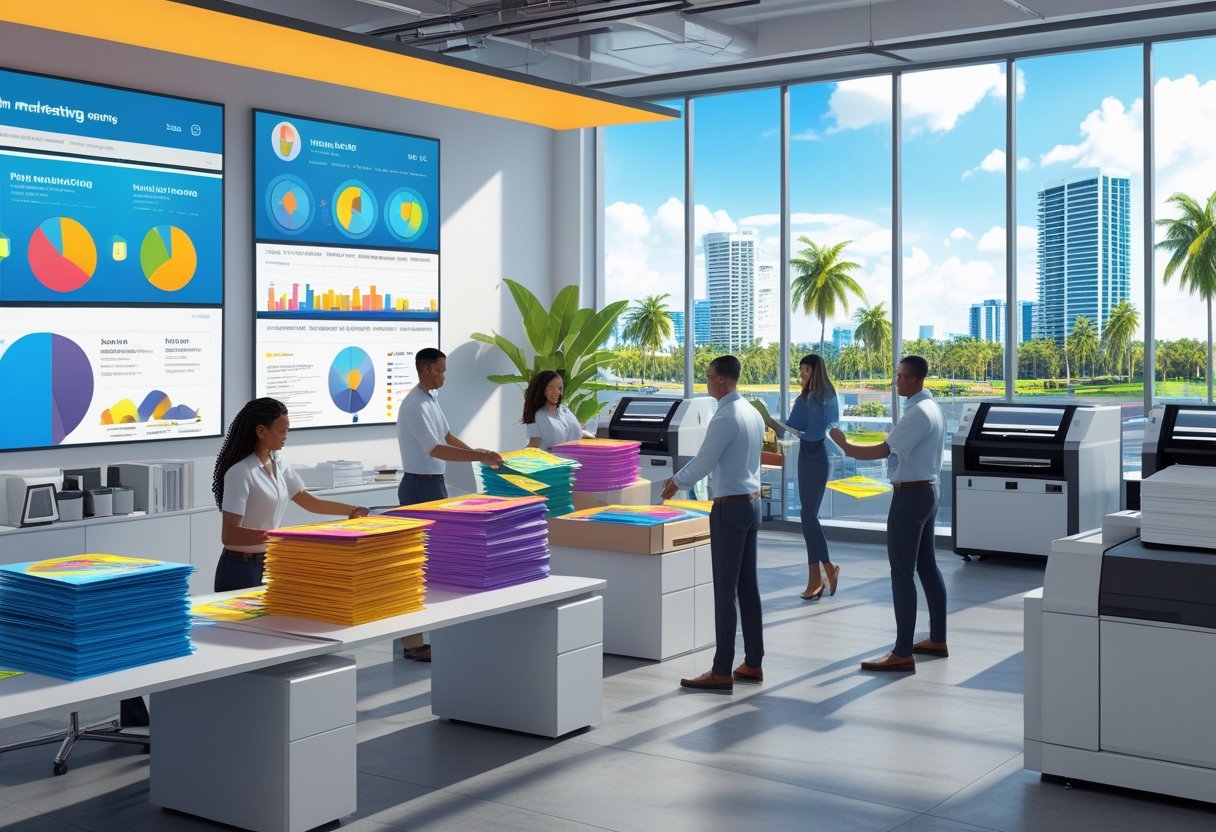 An office scene with people organizing and preparing colorful flyers, printing machines, and a sunny city view with palm trees in the background.