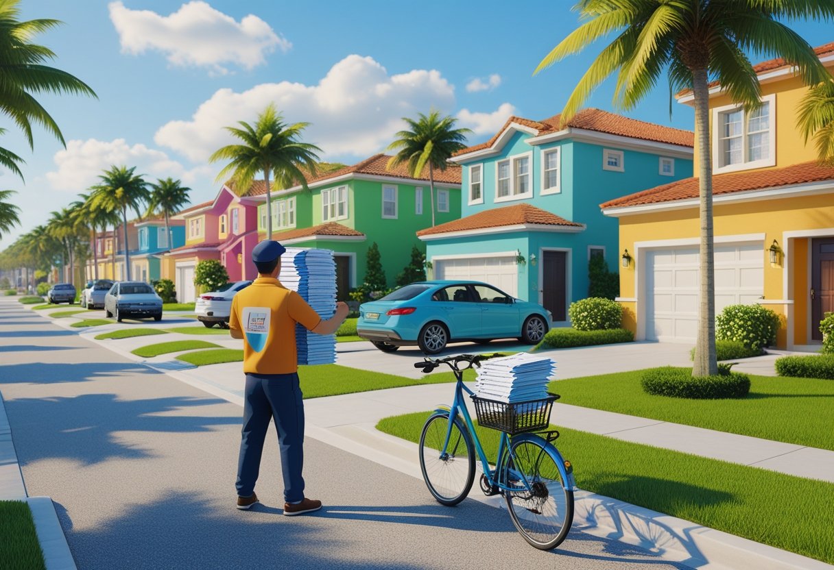 A delivery person placing door hangers on a house door handle in a sunny suburban neighborhood with palm trees and colorful houses.