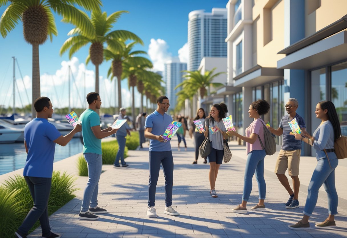 People distributing flyers on a sunny Fort Lauderdale street with palm trees, storefronts, and boats in the background.
