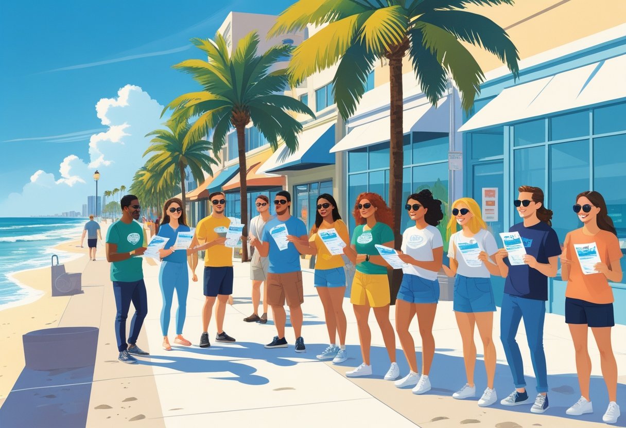 People handing out flyers on a sunny street in Pompano Beach near palm trees and the beach.