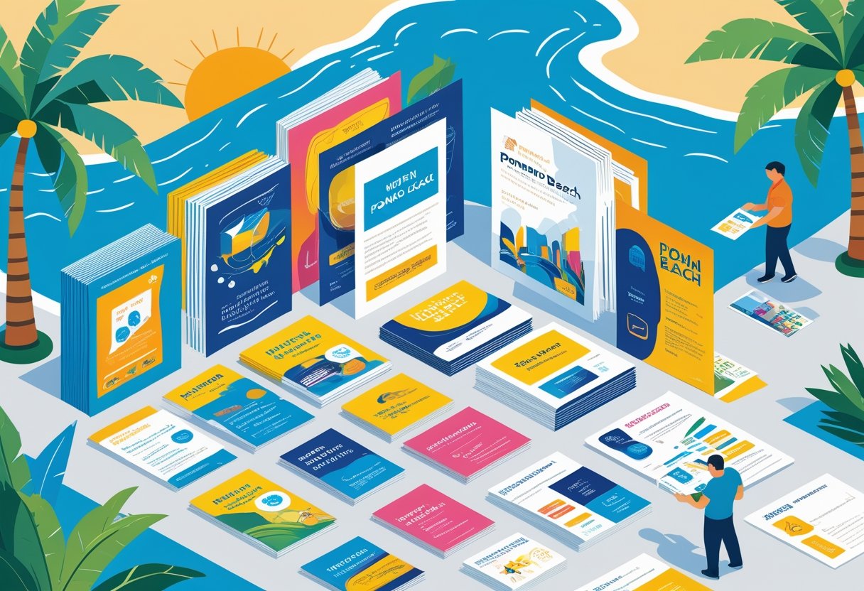 An assortment of flyers, brochures, postcards, and business cards displayed on a table with a delivery person handing out flyers in a sunny coastal city with palm trees.